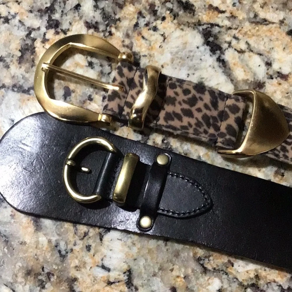 Leopard Print and Black Leather Belt with Gold Buckle
